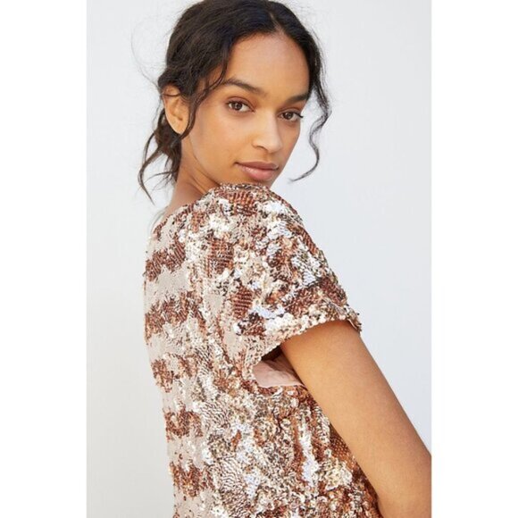 NWT Maeve by Anthropologie pink rose gold sequined midi dress S - Picture 2 of 10